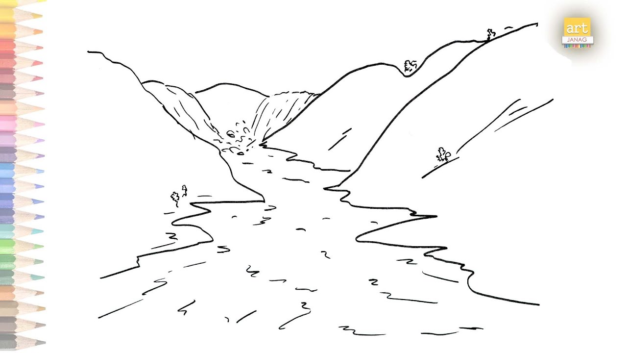 River drawing easy | How to draw water falls river step by step | River drawing | outline drawings