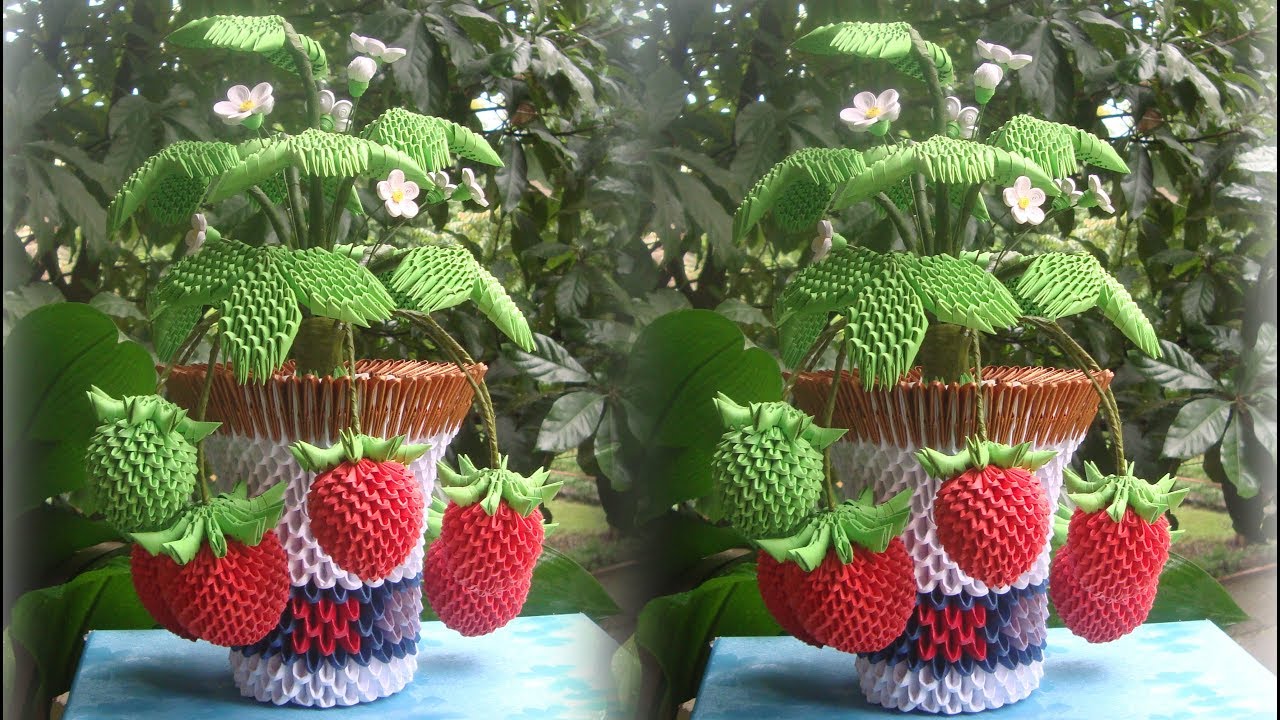 3D Origami Strawberry Pot Tutorial|  DIY Paper Strawberry Pot Home Decoration