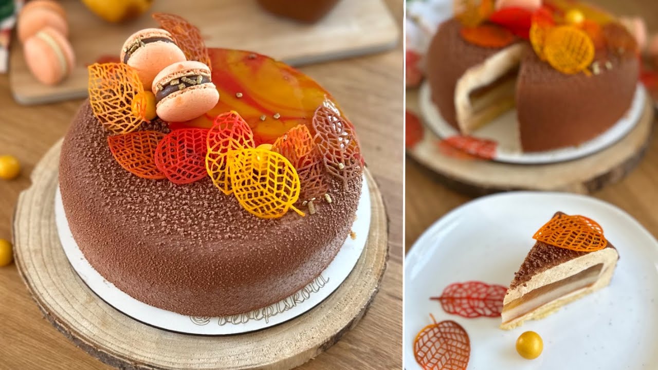 ŐSZI MOUSSE TORTA 🍂🍁 alma, körte, karamell 🍎🍐🍯 - levél TUILE- BebePiskóta