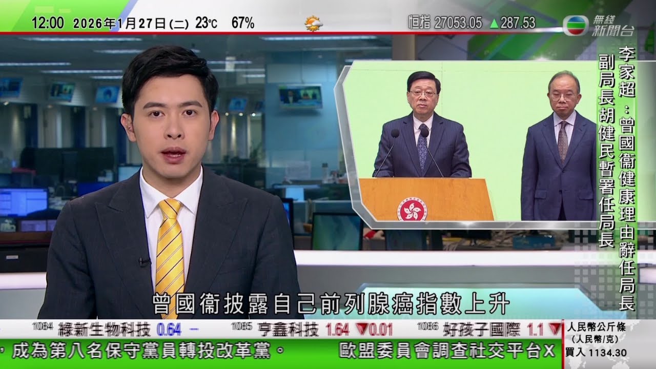 TVB午間新聞｜曾國衞披露前列腺癌指數上升請辭 李家超：無計劃再就司局長作出人事變動｜高市早苗稱將尋求與習近平直接對話｜施紀賢據報今日啟程訪問中國｜卡尼稱減少對美國依賴｜TVB News