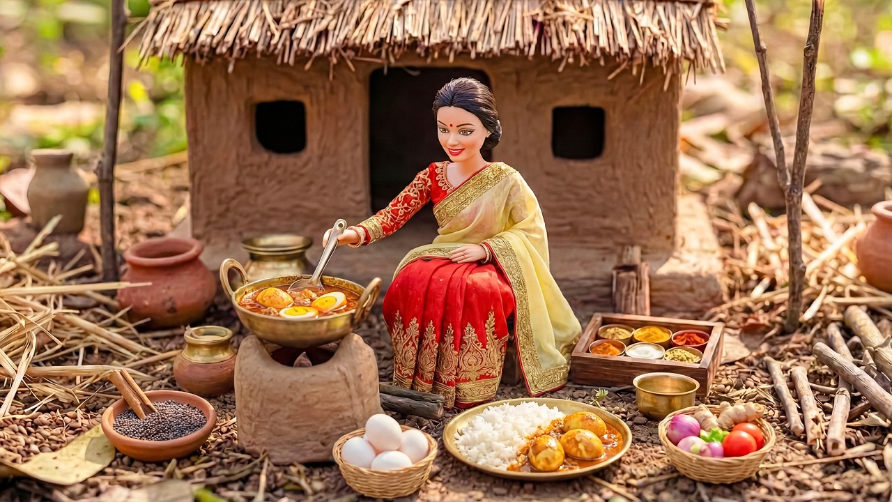 🔥🥘 Miniature Doll Cooks Egg Curry & Jeera Rice | Relaxing Indian Tiny Kitchen ASMR