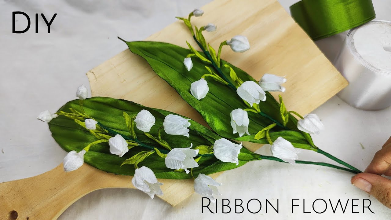 DIY ribbon flower/how to make satin ribbon flower lily of the Valley easy