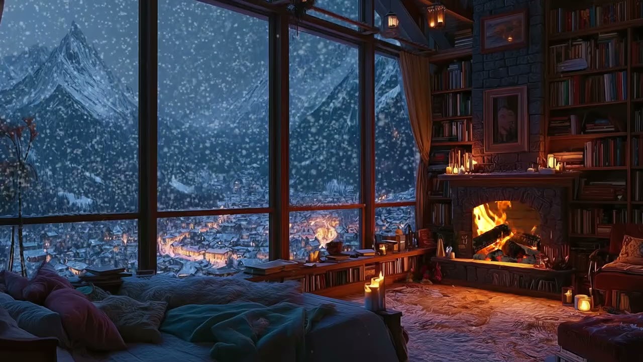 Peaceful Snowy Cabin Night with Gentle Fireplace Sounds for Deep Sleep & Total Relaxation