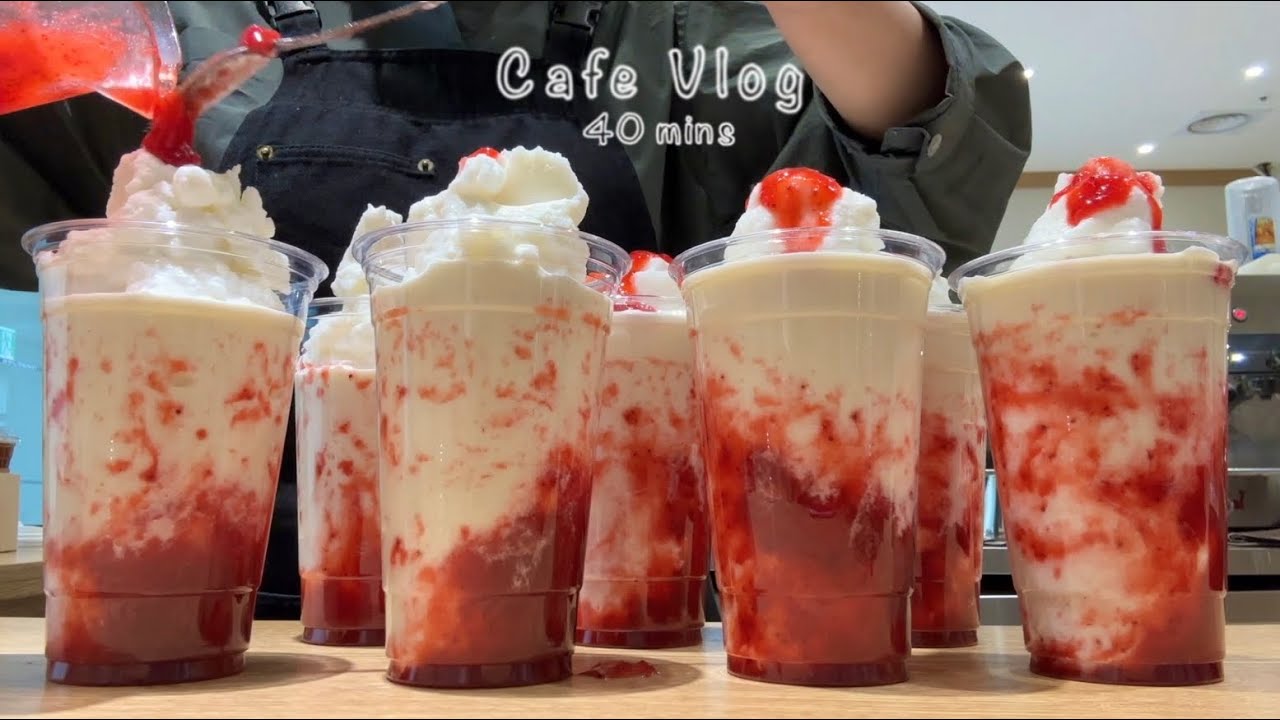 Cafe Vlog 40mins | 🌸🍓 봄의 시작은 딸기쉐이크 7잔과 함께.. 🍓🌸