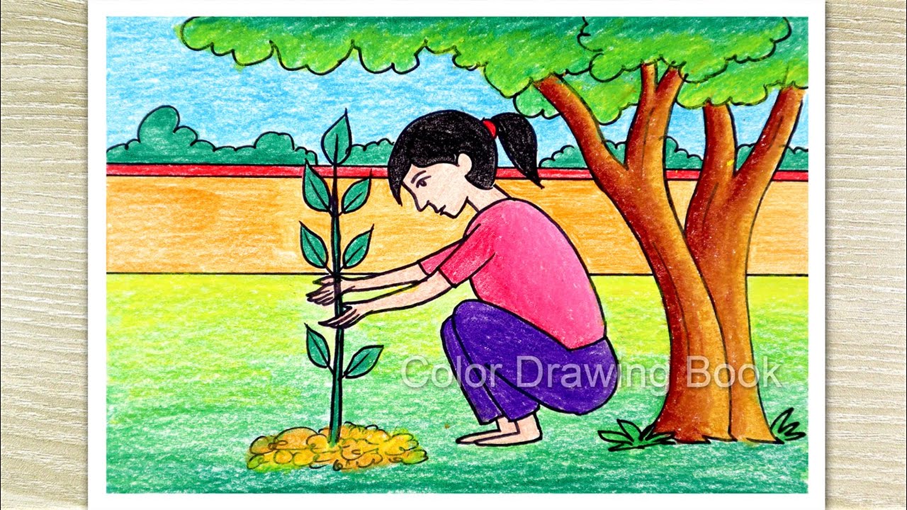 Tree plantation drawing step by step, Save Nature Drawing for beginners