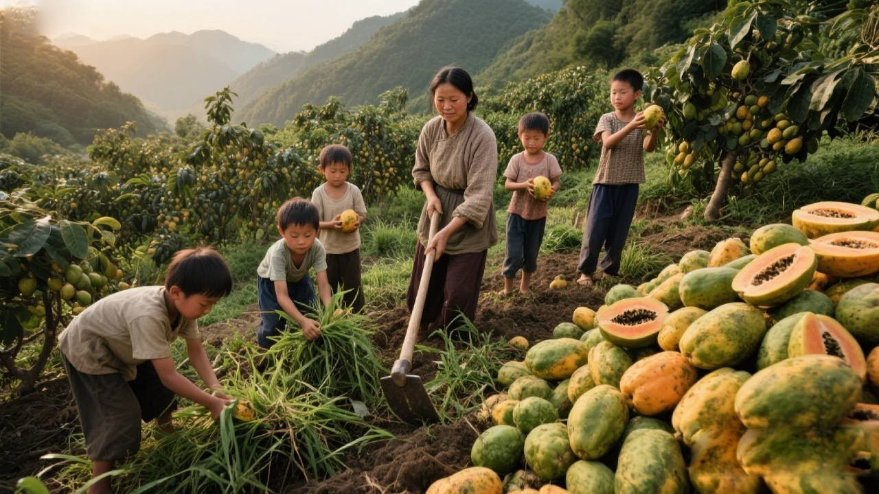 【一家七口隐居深山】木瓜地又到了除草的时候了，今天带孩子们去瓜地干活，孩子们都很积极！