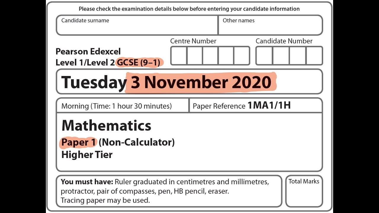 GCSE Mathematics November 2020 - Paper 1H (Non-Calculator)