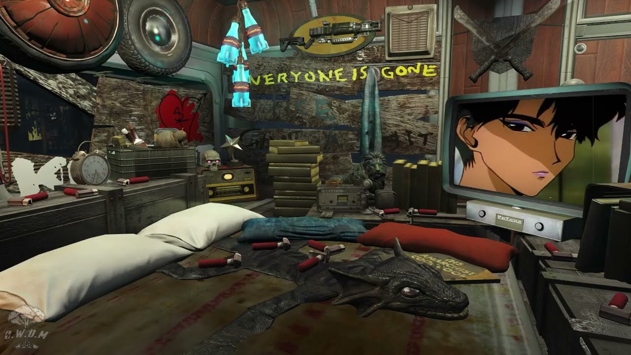 Fallout 4 ASMR LIVE ☢️ Squatch’s Bedroom • Vintage Anime TV • Rain & Thunder • Rust Noir Jazz