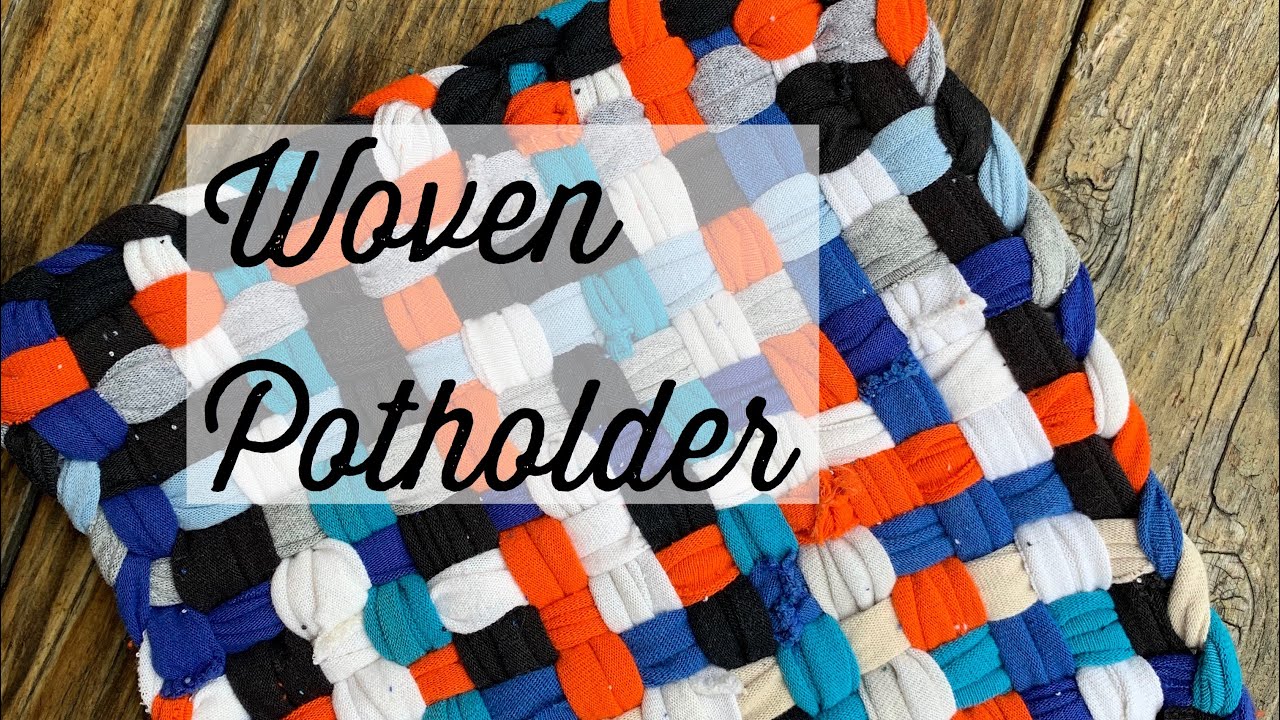 Woven potholder-square loom- use t-shirt loops-re-purpose- easy hand weaving-easy weaving-trivet