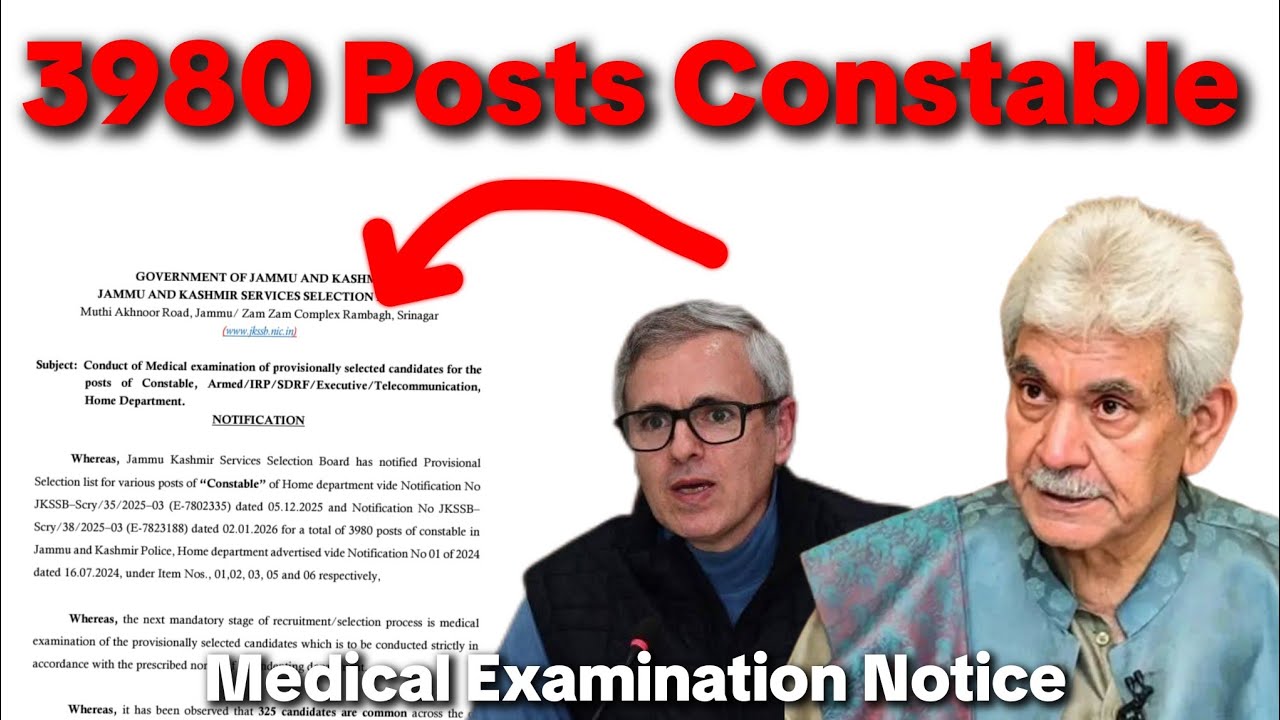 3980 JKSSB Constable Posts 2026, Medical Examination Date