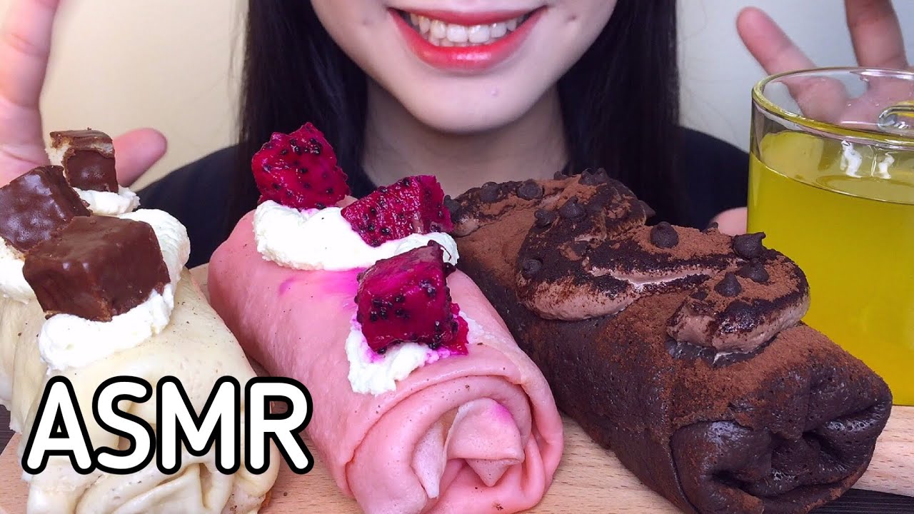 ASMR eating (MANGO, DRAGONFRUIT, CHOCOLATE) Crepe Roll Cake | MIRA’s Mukbang