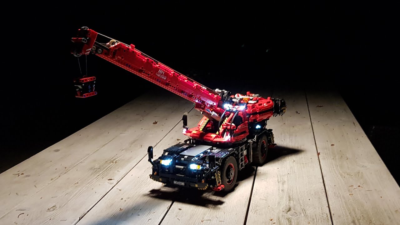 Fully remote controlled Lego Technic Rough Terrain Crane 42082 with lights