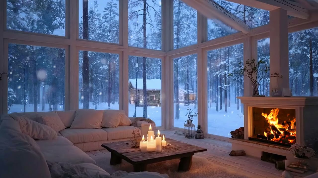 Midnight Snow Piano Lounge ❄️ | Crackling Fireplace Ambience | Peaceful Study, Stress Relief, Zen