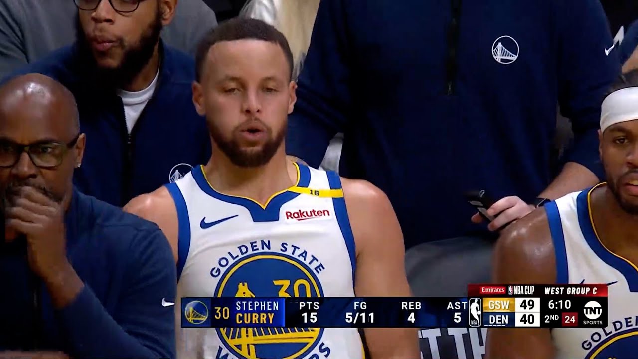 Stephen Curry breathing hard after this in the 2nd quarter vs nuggets