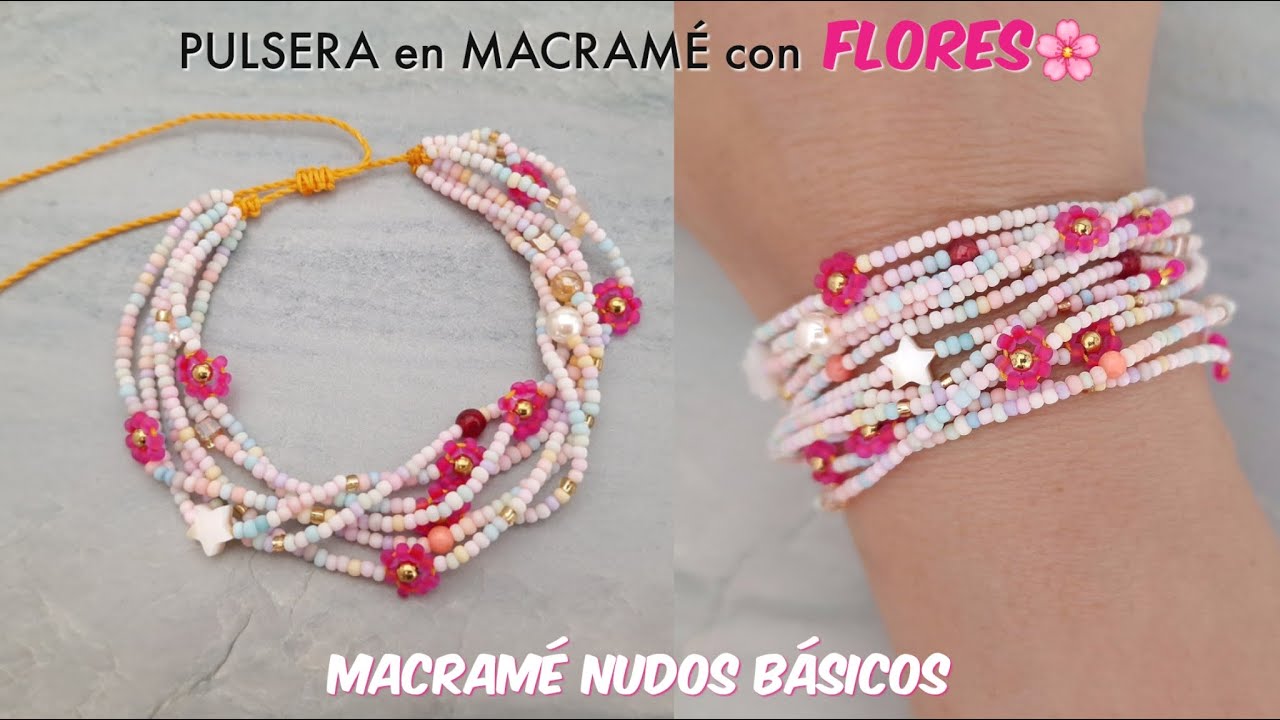 PULSERA F&Aacute;CIL EN MACRAM&Eacute; CON FLORES | Como hacer PULSERAS con flores de mostacillas