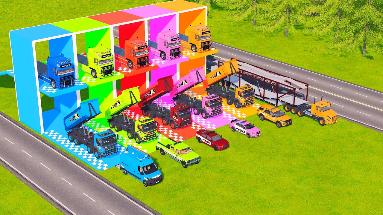 TRANSPORTING POLICE & EMERGENCY VEHICLES, EXCAVATOR, CONCRETE MIXER TO GARAGE – FS22