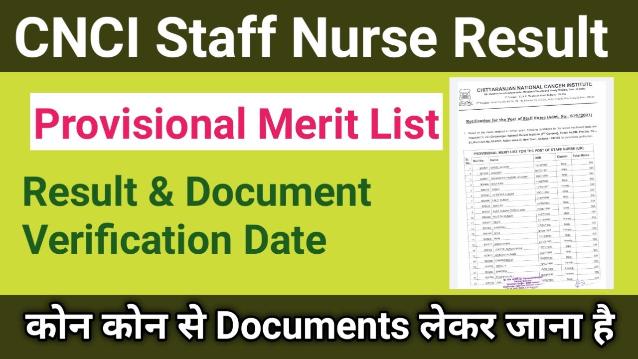 CNCI Staff Nurse Result || Document Verification Date CNCI Staff Nurse Merit List