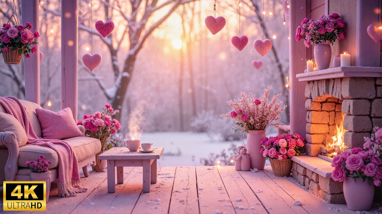 Romantic Snowy Valentine Porch 💕 Soft Piano Music & Crackling Fireplace for Love & Relaxation