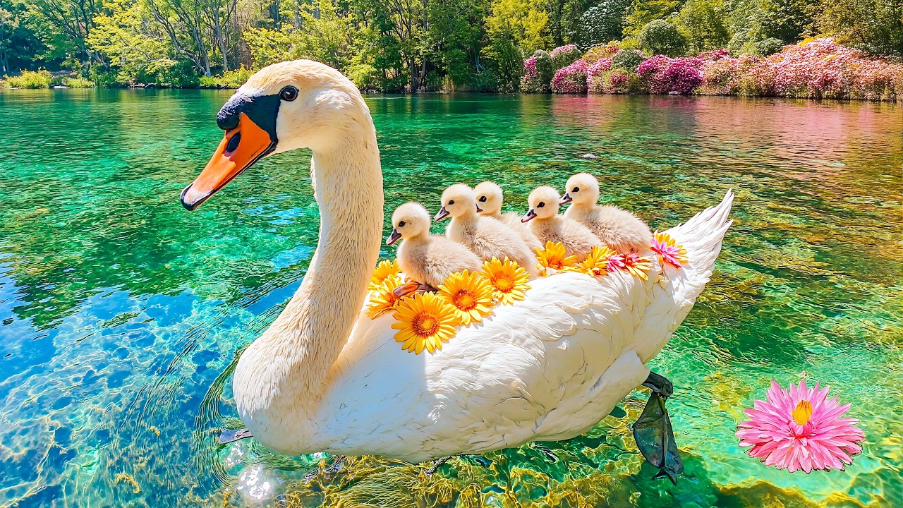Очаровательная семья лебедей на кристально чистом озере 🦢 Мягкая терапия природой для снятия стре...