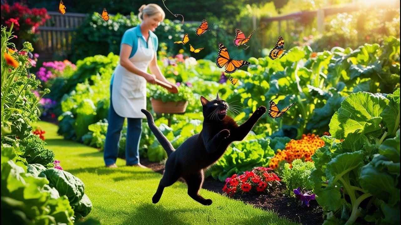 Rustic Farm Vibes: Black Cat, Butterflies, and a Blooming Garden