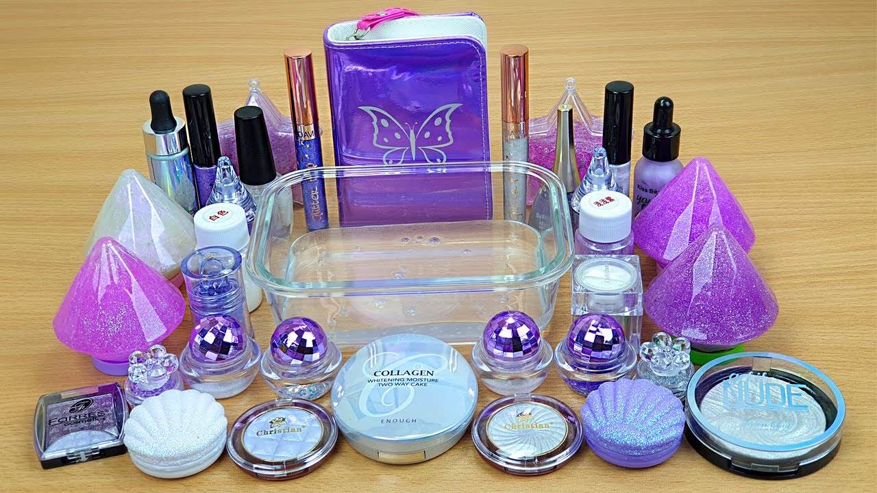 PURPLE HOLOGRAPHIC SLIME Mixing makeup and glitter into Clear Slime Satisfying Slime Videos