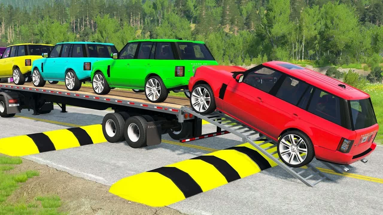Flatbed Trailer McQueen Transportation with Truck - Speedbumps vs Cars vs Train - BeamNG.Drive #17