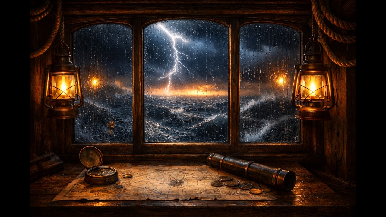 Ultimate Storm at Sea 🌧️ Pirate Cabin Rain, Thunder & Ocean Waves for Deep Sleep (2 Hours)