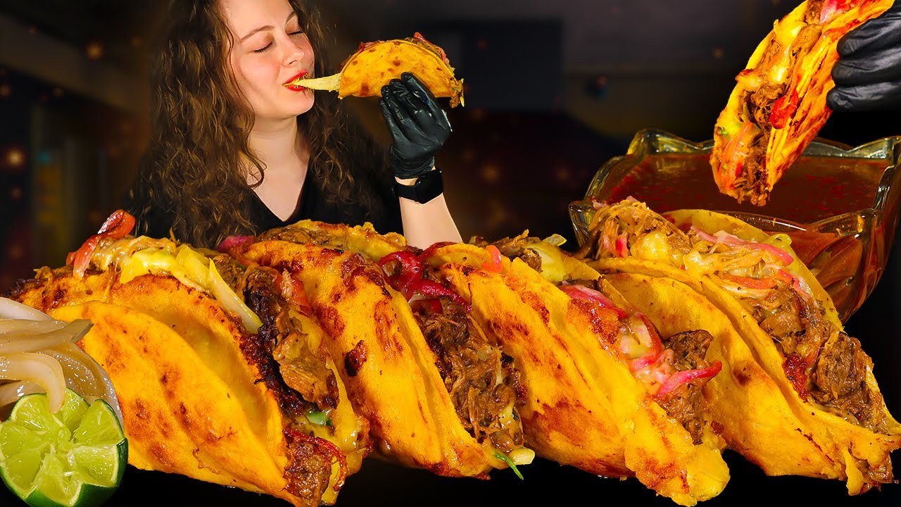 ASMR BIRRIA TACOS DIPPED in Consommé MUKBANG | DRINKING HORCHATA | Extreme Crunchy Eating Sounds