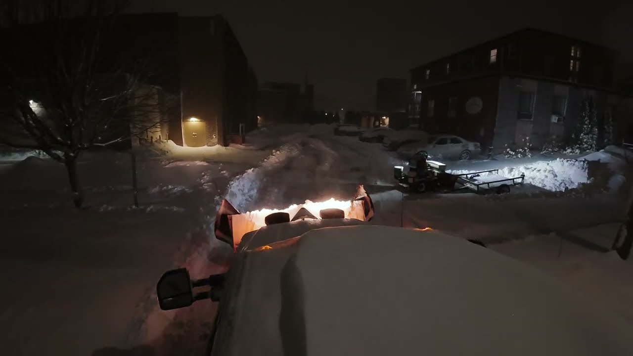 Blizzard!   Snow Clearing in Difficult Condition  at First Site  with Snowrator and plow truck.