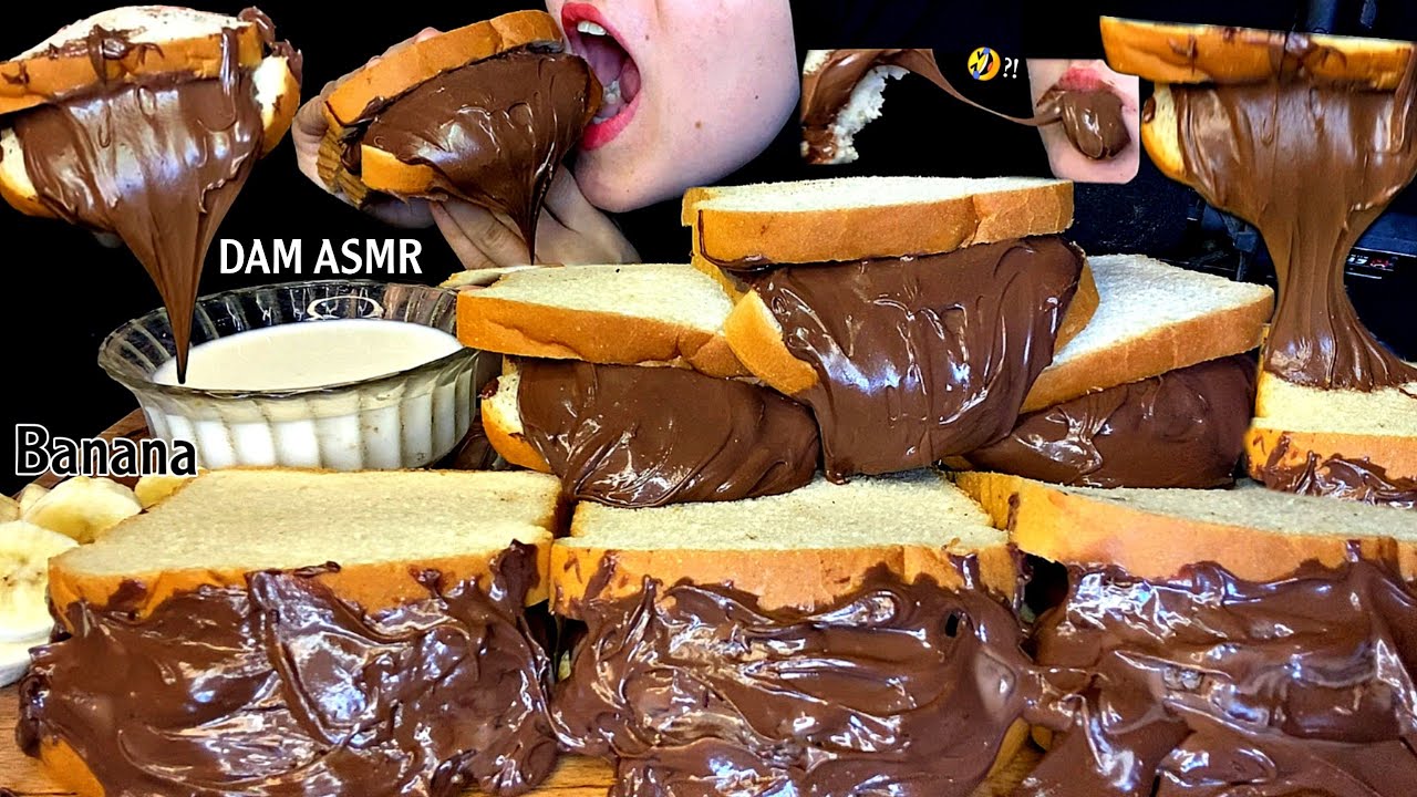 Nutella шоколадные бутерброды с молоком и бананом. Еда звуков.🤤🍫
