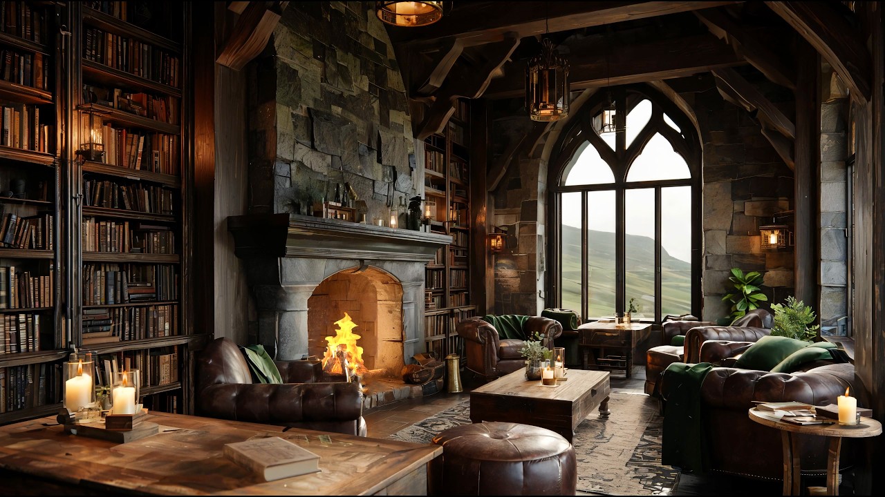 Cozy Irish Library Ambience | Gentle Celtic Music & Fireplace Sounds | 4K
