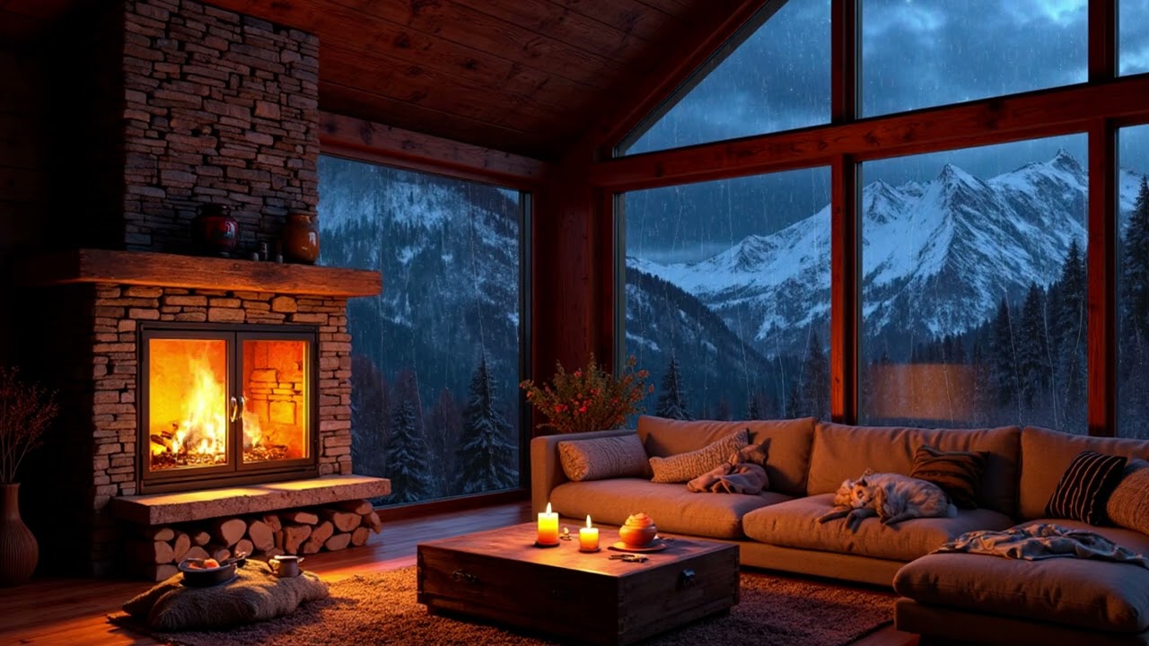 Cozy Mountain Cabin Fireplace & Gentle Rain Sounds for Deep Sleep | Night Forest Ambience