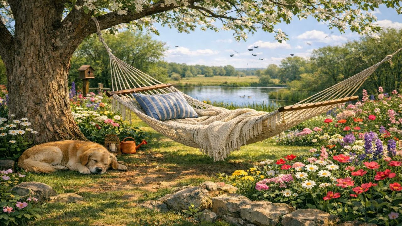 8 Hours Chill Piano in a Flower Garden, Hammock and Bird Sounds for Peaceful Countryside