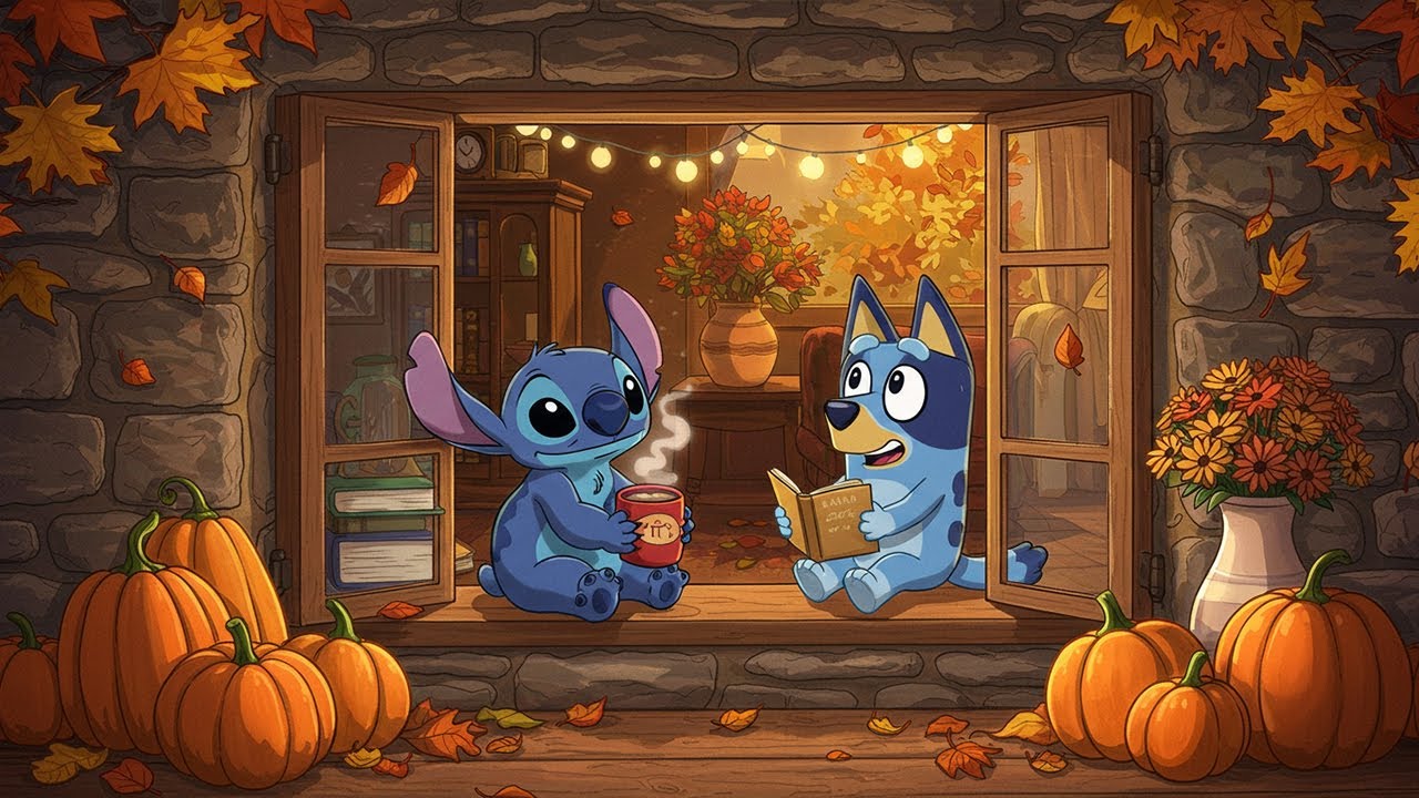 Stitch & Bluey Cozy Autumn Window Scene 🎃 Lofi Study Work Relax with Warm Fall Vibes 🍂