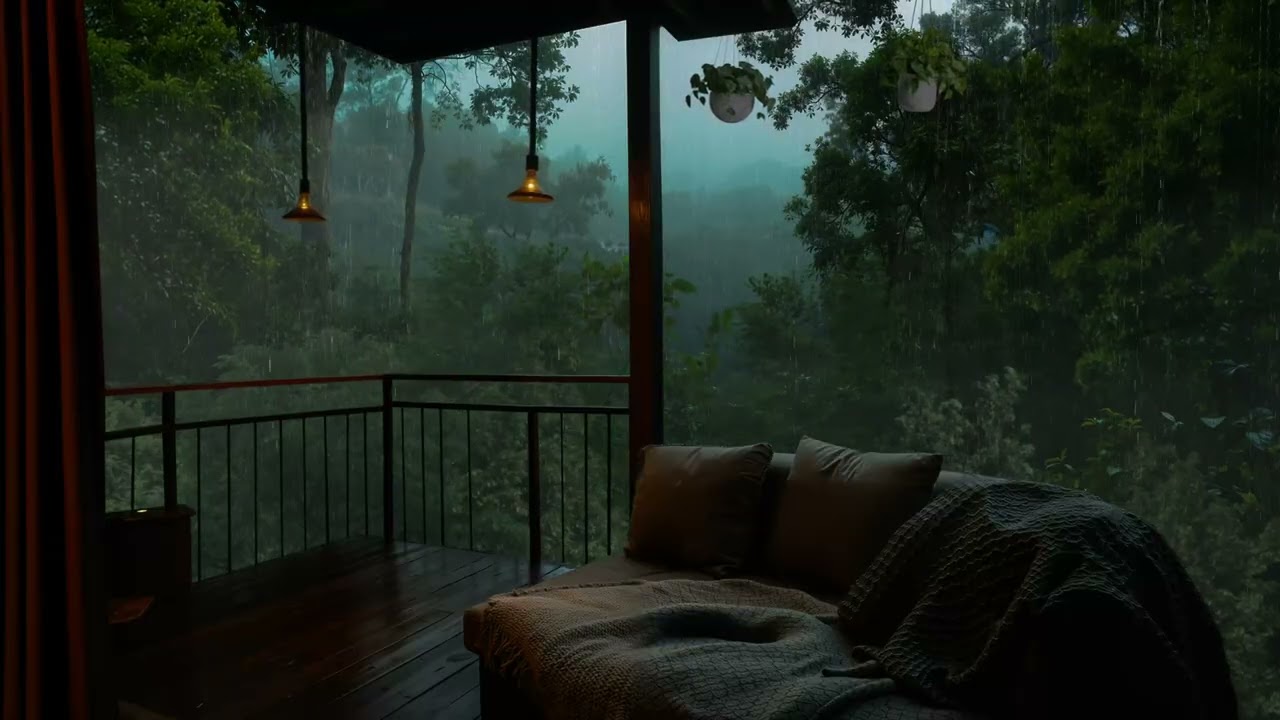 Forest Balcony Rain | Peaceful Rain in Tropical Forest for Deep Sleep and Stress Relief
