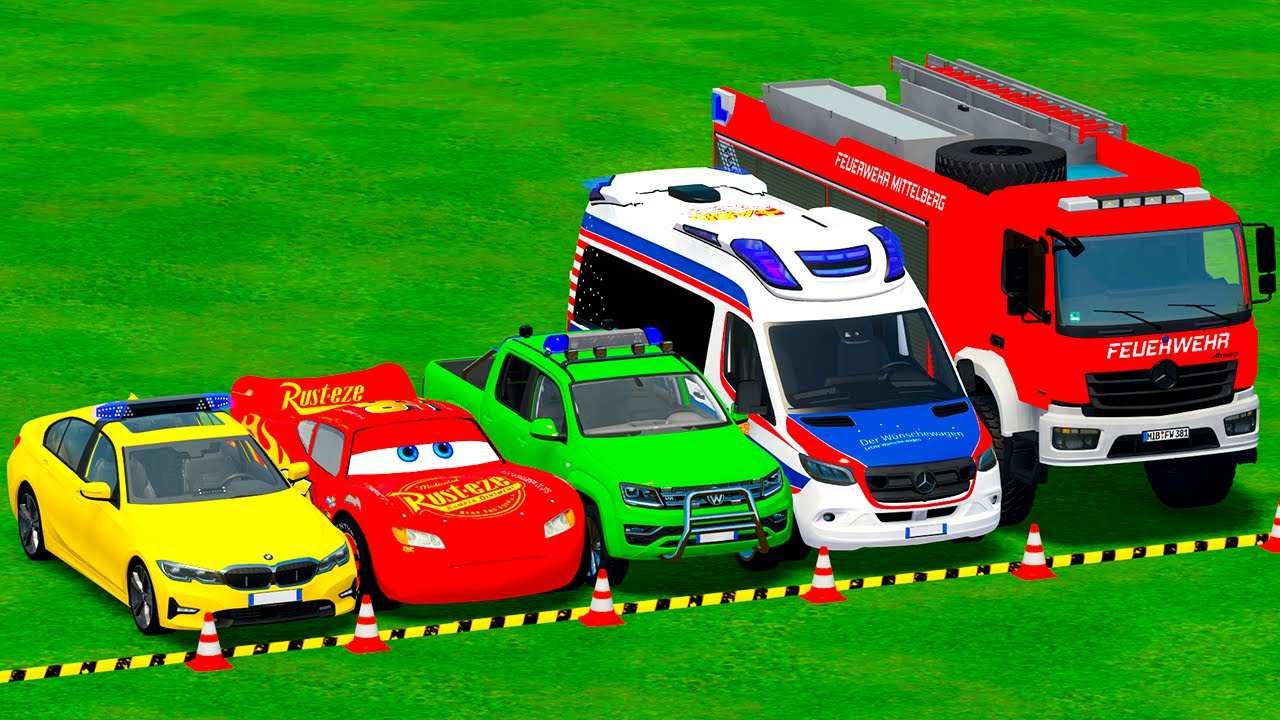 Перевозка полицейских машин Volkswagen, McQueen, Ford и пожарных Mercedes! FS22