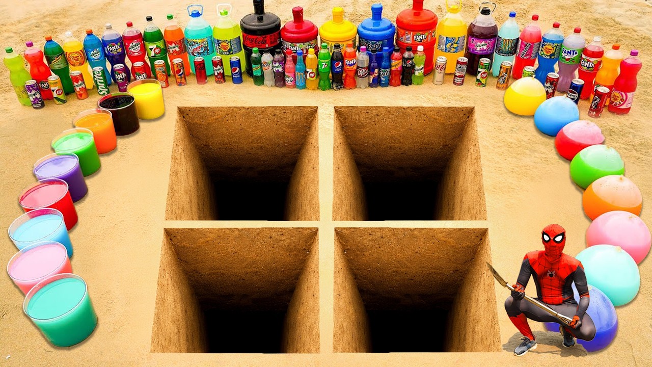 How to make 4 Square Pits with Cement, Giant Fanta, 7up, Coca Cola, Sprite vs Mentos & Other Sodas