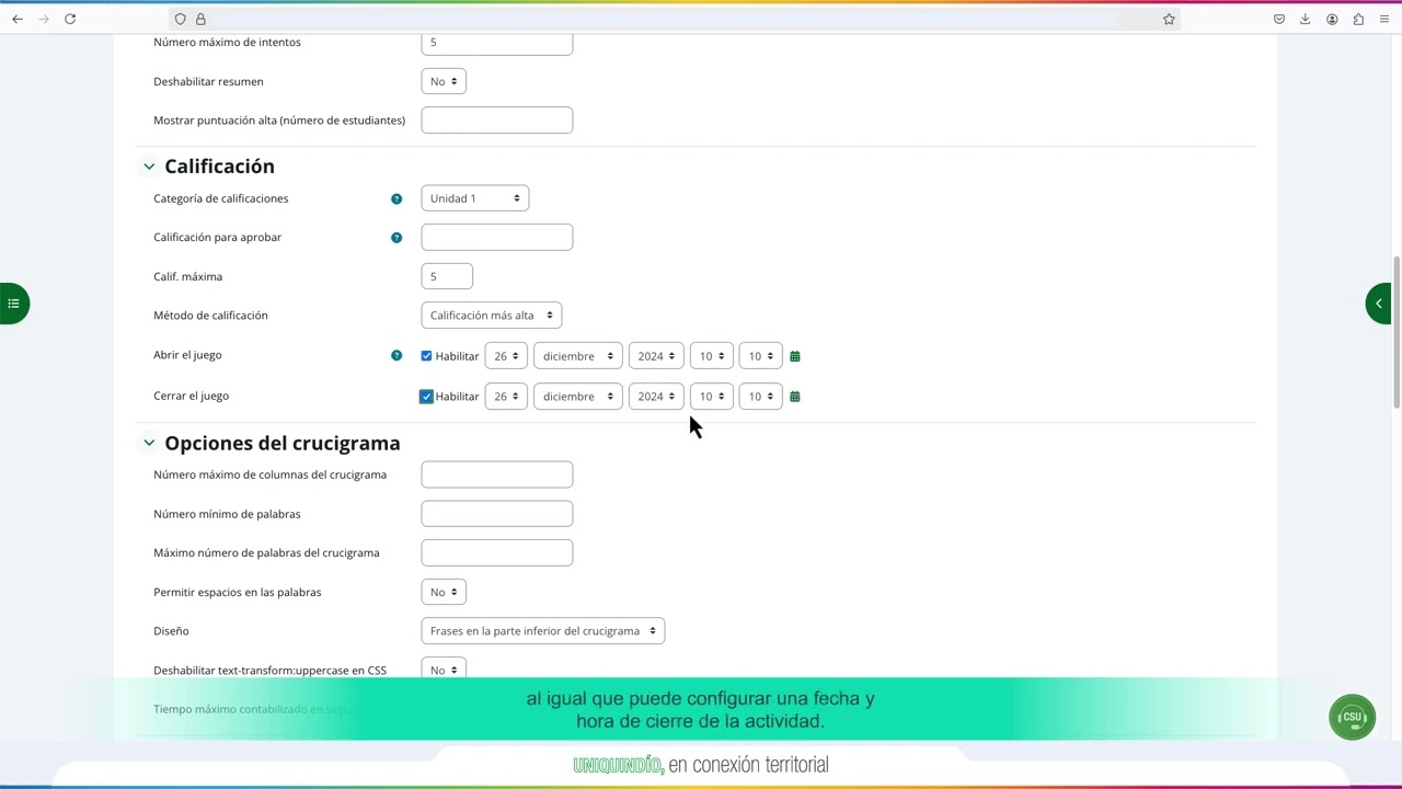 Cómo crear actividad tipo juego crucigrama Moodle