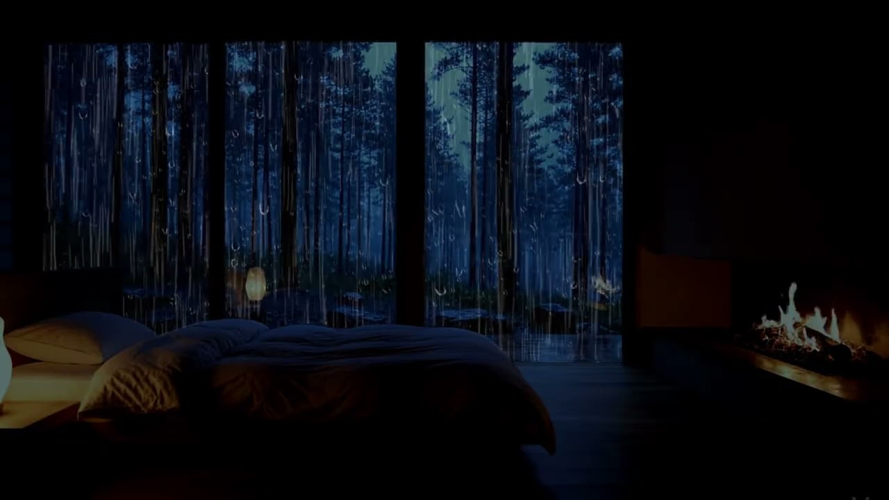 Warm Bedroom Night - Rain on Roof & Fireplace 3 Hours for Deep Rest (No Thunder)
