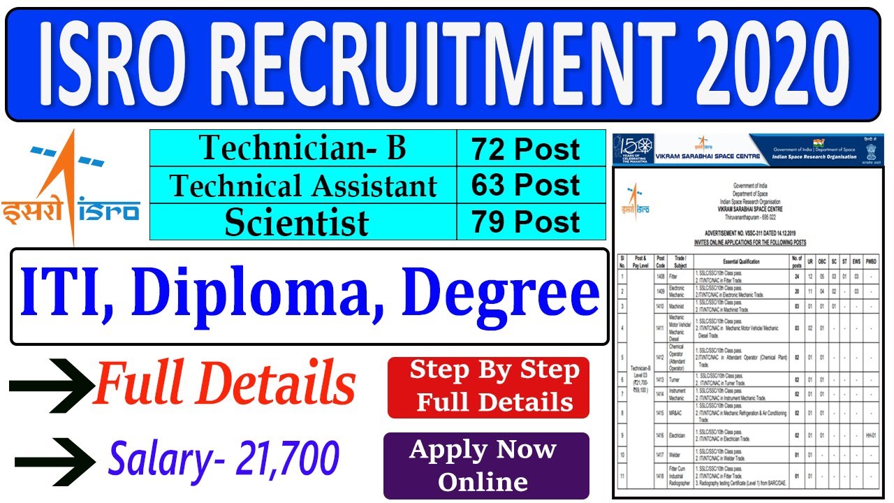 ISRO VSSC Recruitment 2020 For Technician- B, Technical Assistant, SCIENTIST, ITI, Diploma, Degree