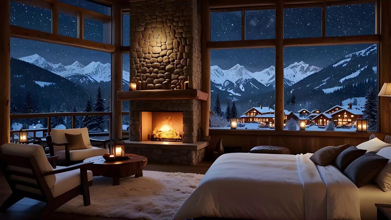 Relaxing Jazz in Cozy Winter Cottage Ambience ☕ Blizzard, Howling Wind & Fireplace Sounds for Sleep
