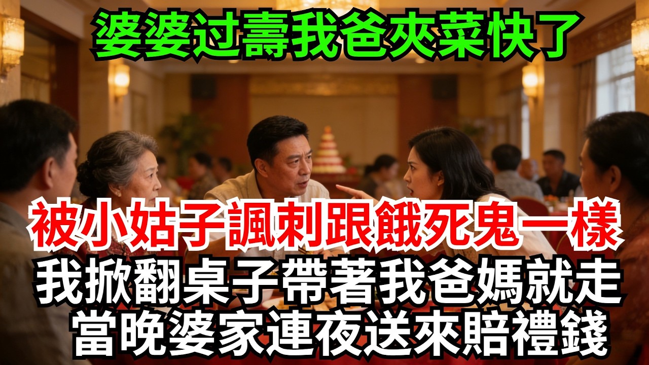婆婆60大壽，我爸夾菜快了被小姑子，當眾諷刺跟餓死鬼一樣，我掀翻桌子帶著我爸媽就走，當晚婆家連夜開車送來兩萬塊賠禮錢#完結故事#情感故事#爽文#婆媳關系#家庭生活#故事頻道#故事分享#情感#寿宴