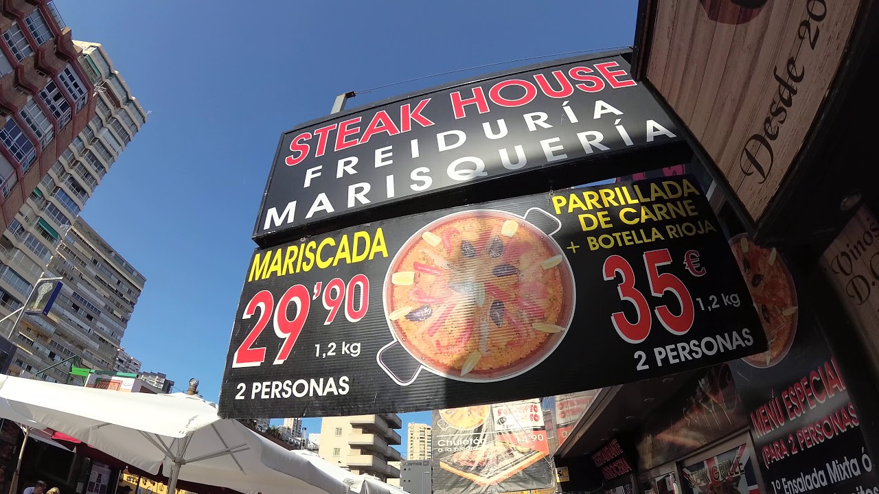 Benidorm - Gerona Street - Restaurants and my shadow - Calle Gerona - Spain
