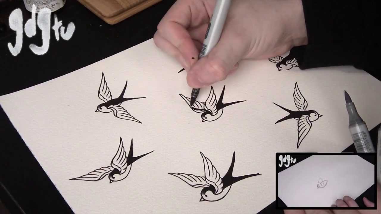 Old School Swallow / Sparrow Tattoo Flash Shading and Colouring