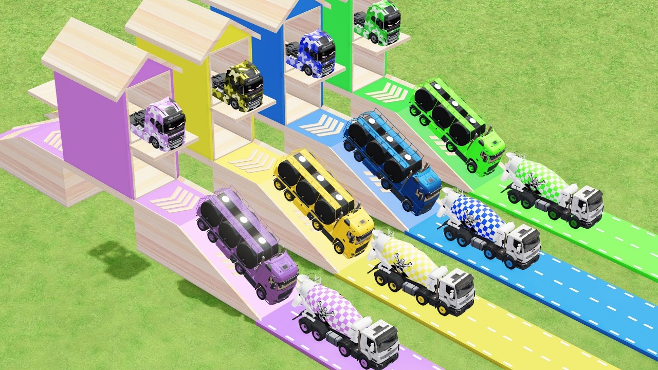 Garage with Colors - ALL MIXER TRUCK WITH DOUBLE FLATBED TRAILER TRUCK SCANIA, MIXER DUMP