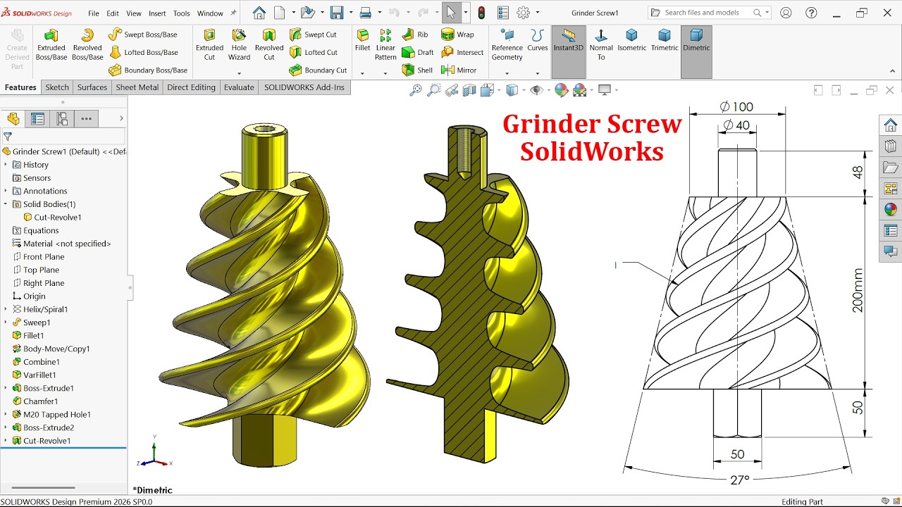 Моделирование шнека шлифовального станка в SolidWorks