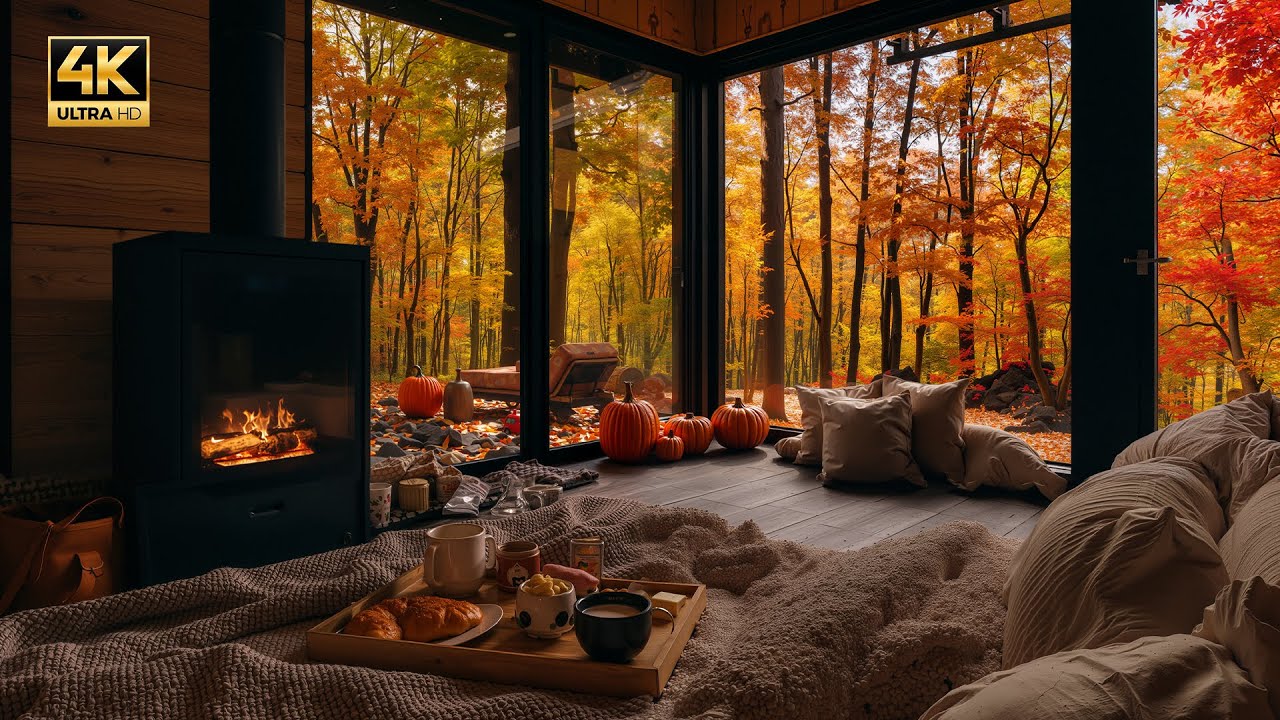 Soft Jazz by the Fireplace | Autumn Cozy Cabin Ambience | Music for Study, Work, Relax