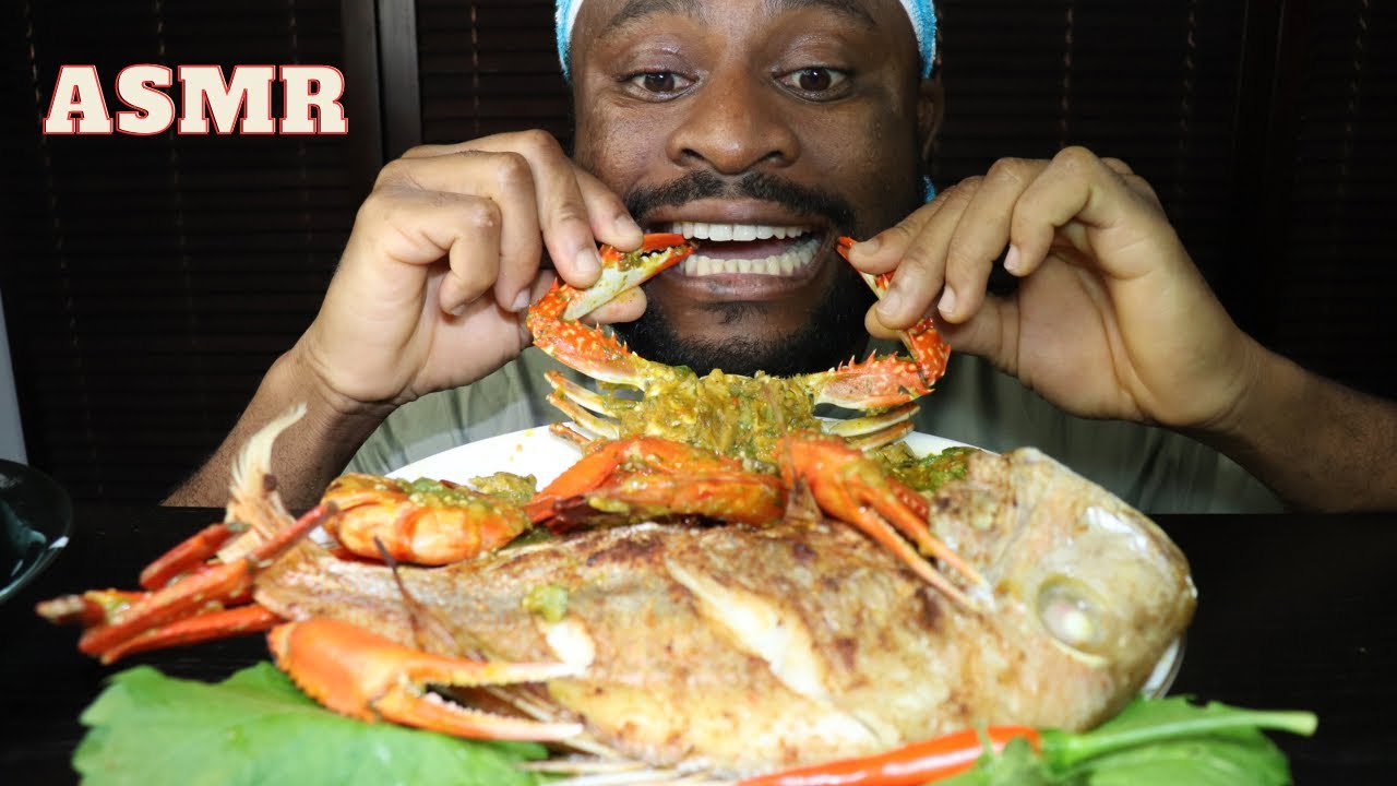 Mukbang Asmr Crab,Tai Fish SEAFOOD okro Soup,Prawn,Snails & Pounded Yam. Nigeria Food in Japan