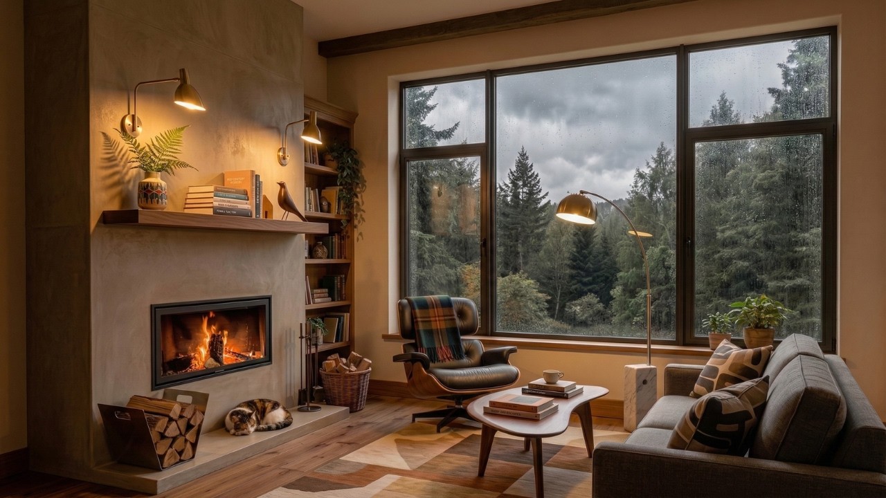 Modern Cozy Living Room Ambience — Fireplace & Overcast Forest View for Deep Focus and Study