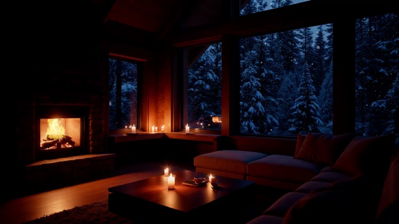 Blue Snowfall Beyond the Window | Cozy Fireplace Piano for Deep Winter Night Calm